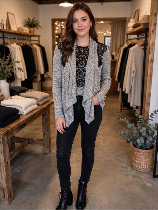 Tempted Sweaters - Tempted Gray Lace-Back Open Cardigan Size S - Boho Peplum Drape